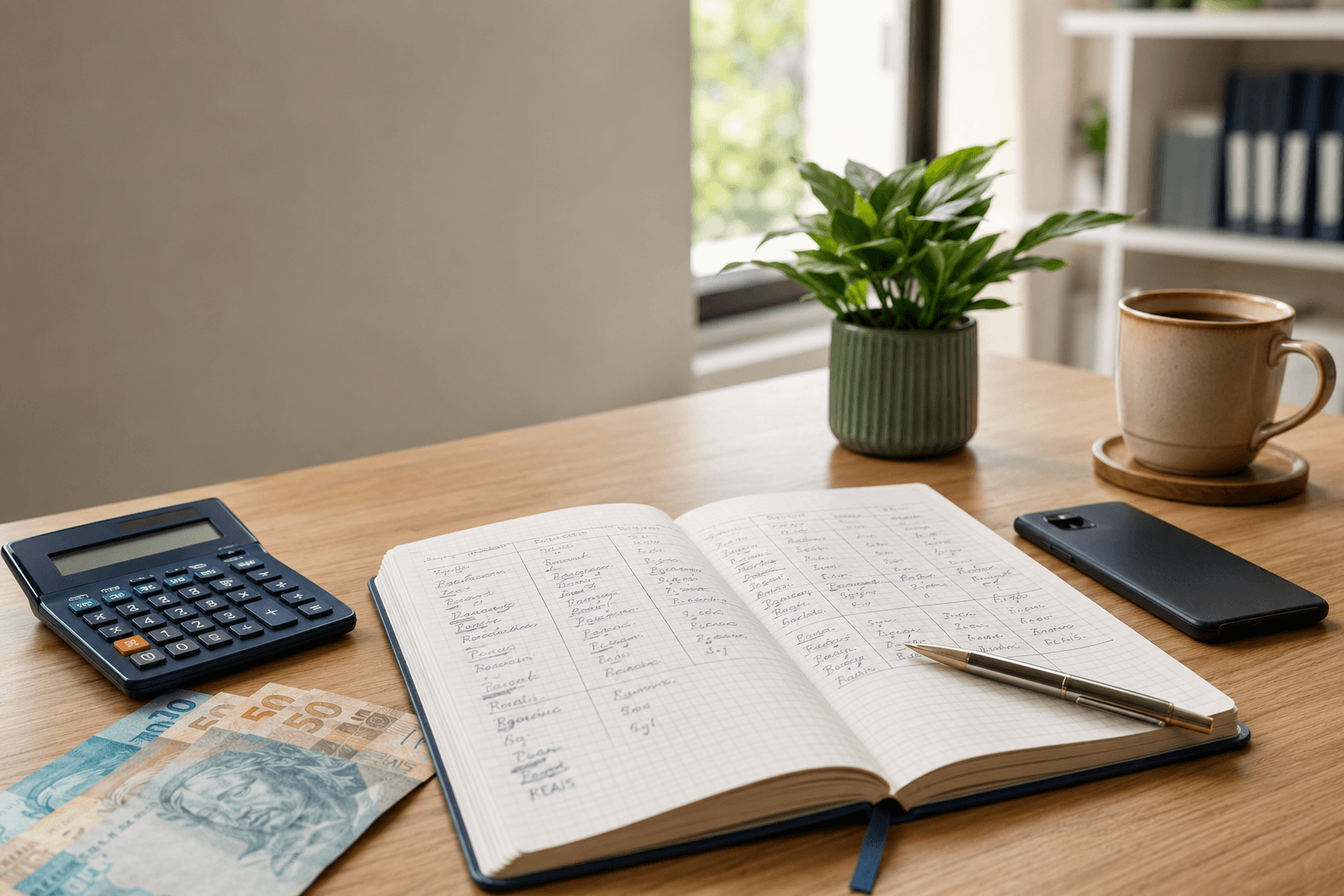 Mesa organizada com caderno de orçamento, calculadora e elementos de finanças pessoais