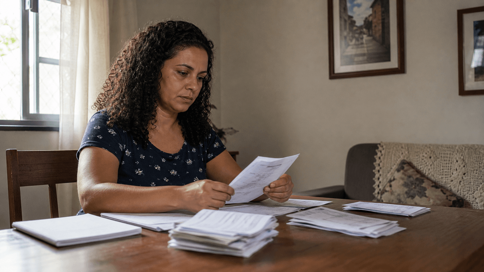 Mulher organizando contas e correspondências para mapear suas dívidas