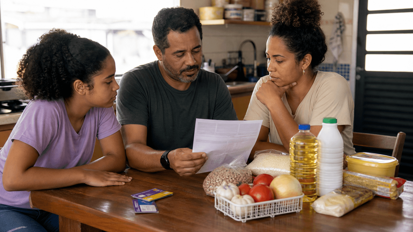 Família avaliando despesas cotidianas e prioridades do orçamento